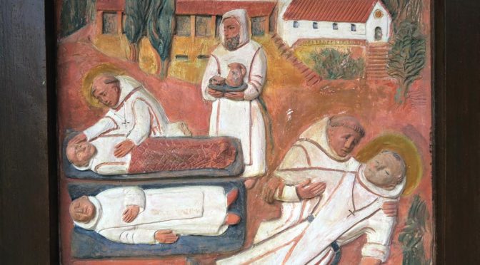 mort de Saint Bernard Tolomei, bas-relief en terre cuite